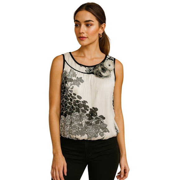 Maurices White Black Floral Sleeveless Rosette Top Women L Bohemian Feminine - Picture 1 of 8
